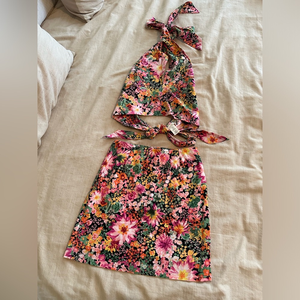 H&M Floral Linen Mini Skirt and Halter Neck Top Set